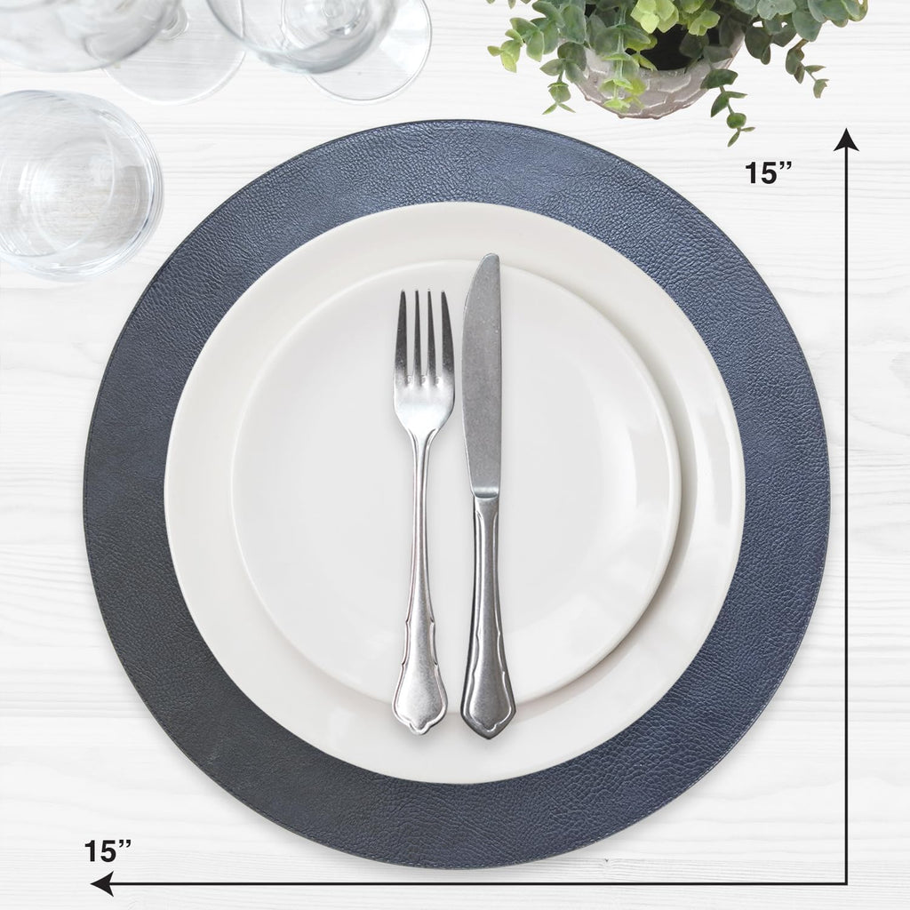 Placemats - Round 15" Faux Leather Table Mats for Dining, Heat Resistant & Non-Slip Washable Table Decor - Set of 6