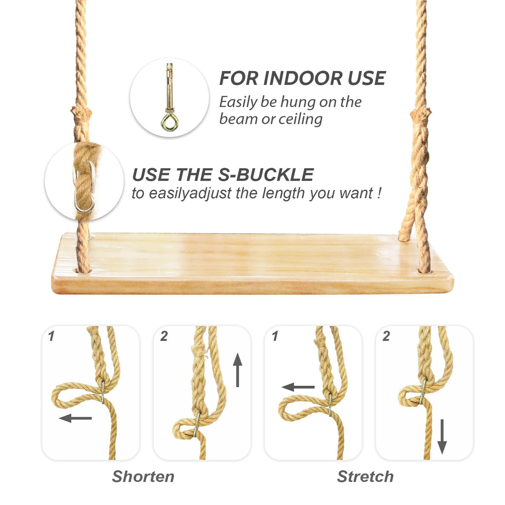 Hanging Wooden Tree Swing with Adjustable Hemp Rope & Tree Straps