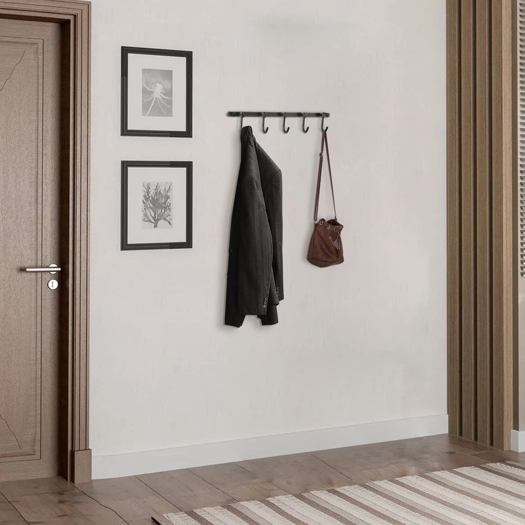 Bronze Towel Hooks, Bathroom Rail Hook Rack Wall Mounted, Antique Oil Rubbed Brass Cloth Coat Rack with 5 Hooks