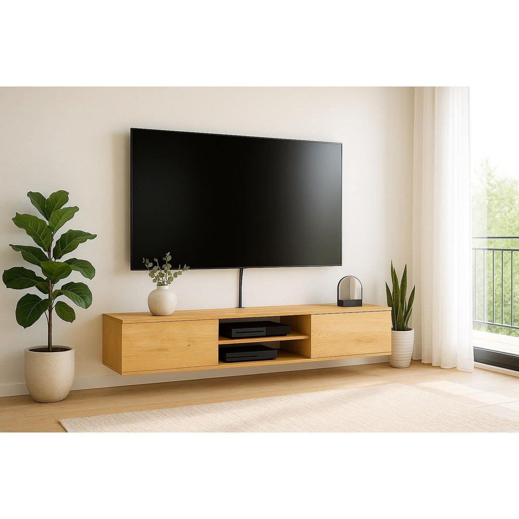 70in Floating TV Stand, Wall Mounted Entertainment Center, Walnut Finish Oak