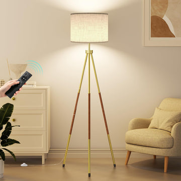 Mid Century Wood Tripod Floor Lamp with Remote & Foot Switch