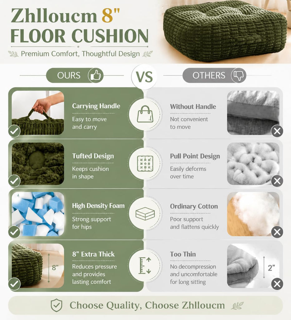 8" Extra Thick Floor Pillow Cushion for Adults, 22x22 Large Square Meditation Cushion with Handle, Memory Foam