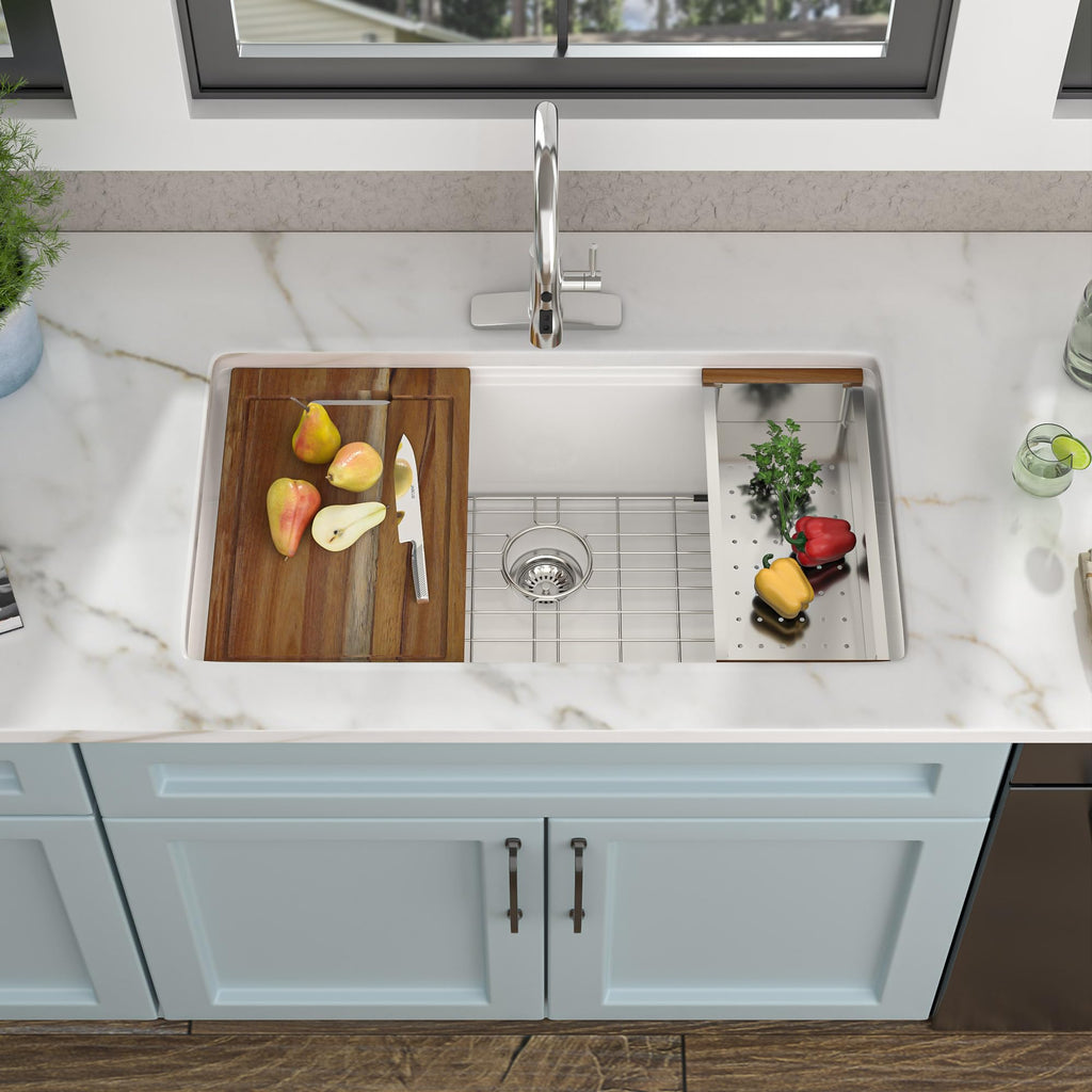 33"x19" White Granite Composite Kitchen Sink Ledge Workstation
