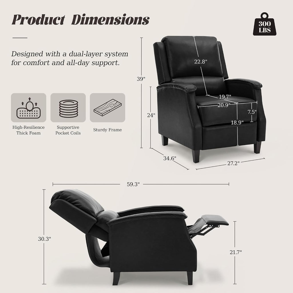 Recliner Chair, Faux Leather Push Back Recliner with Padded Seat, Mid Century Modern Lounge Armchair with Lumbar
