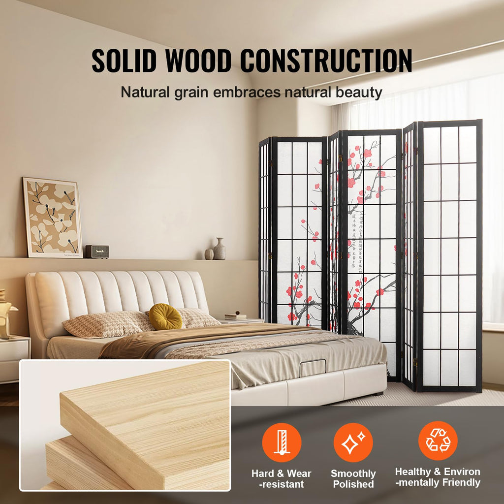 Room Divider, 6 Panel Japanese Room Divider Screen, Wood Folding Privacy Screen Indoor, Japanese Partition Portable