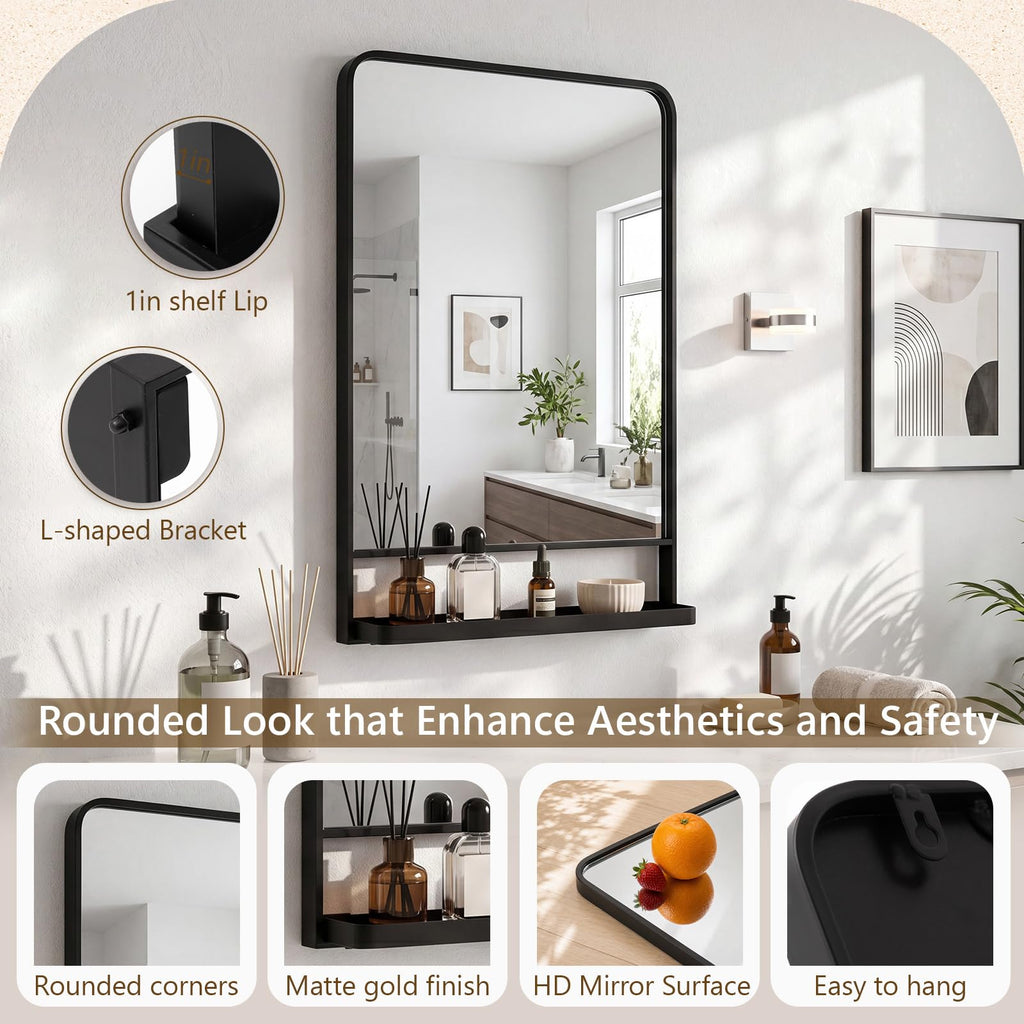 28x18 Inch Bathroom Mirror with Shelf, Black Metal Frame, 2 in 1