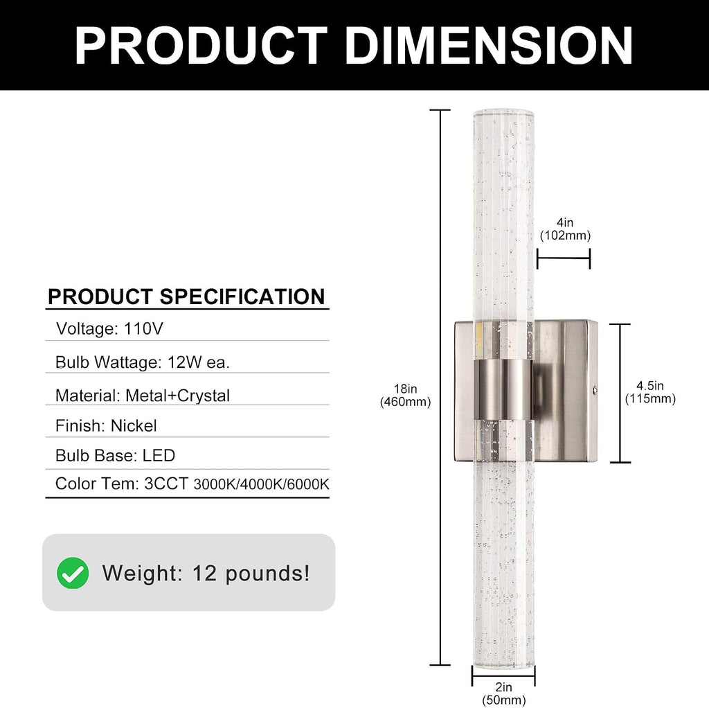 Modern Wall Sconces Set of Two, 3CCT Crystal Bathroom Sconces Wall Light, Brushed Nickel Vanity Light Fixture, Sconce