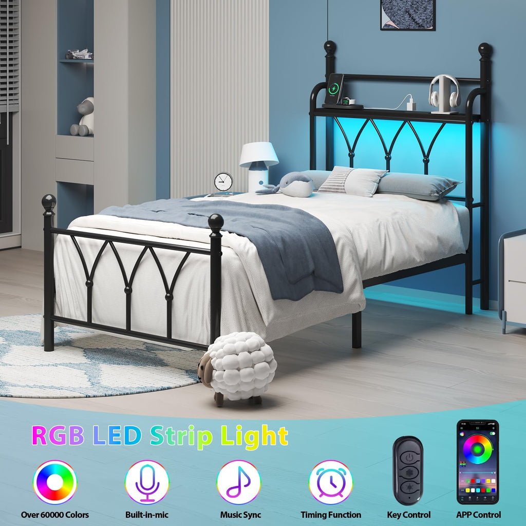 Twin Size Metal Bed Frame, Classic Victorian Iron-Art Headboard, Black