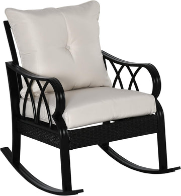 Outdoor Wicker Rocking Chair Padded Cushions Aluminum Khaki | Furniture Rattan Porch Rocker Chair, Armrest, Garden