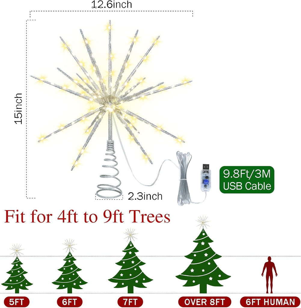 15-Inch Starburst Christmas Tree Topper with 150 LEDs & Remote, Silver
