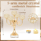 5 Arm Metal Crystal Candelabra Centerpiece - 13.4 Inch Elegant Candle Holder with Crystal Beadsable Decoration (4, Gold)