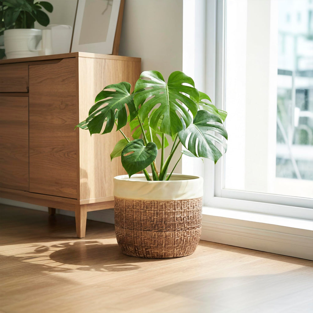 Ceramic Planter - 9.8 Inch Plant Pot for Indoor Outdoor Plants, Boho Ceramic Plant Pots with Drainage Hole and Plug