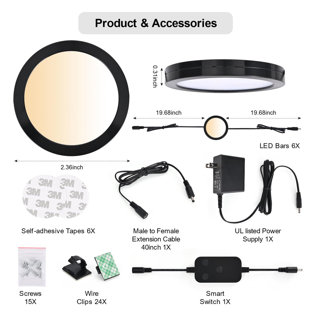 6pack LED Puck Light Kit, 2700-6000K Smart Round Under Cabinet Lighting with APP Control, Compatible with Alexa