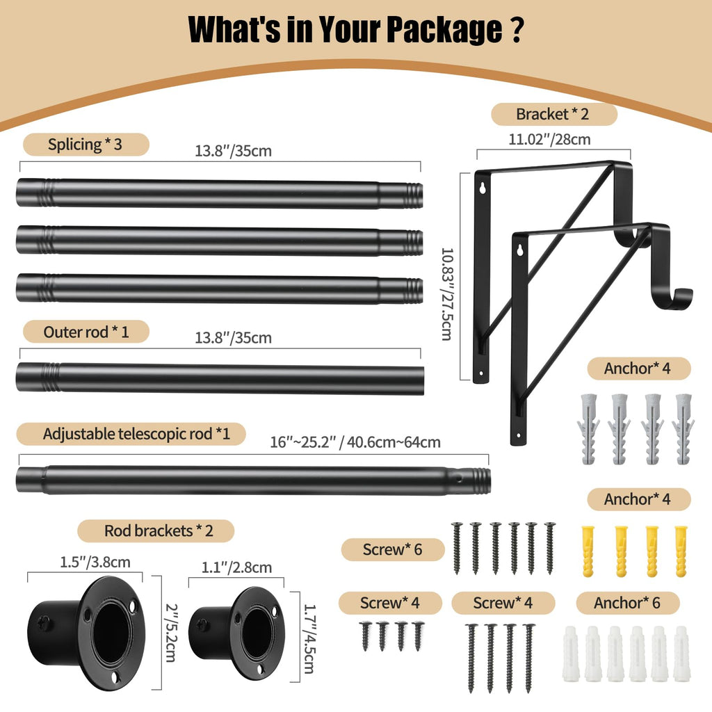 Closet Rod, 16 to 75 Inch Heavy Duty Adjustable Clothes Rod for Hanging Clothes and Heavy Duty Clothes Rod Bracket