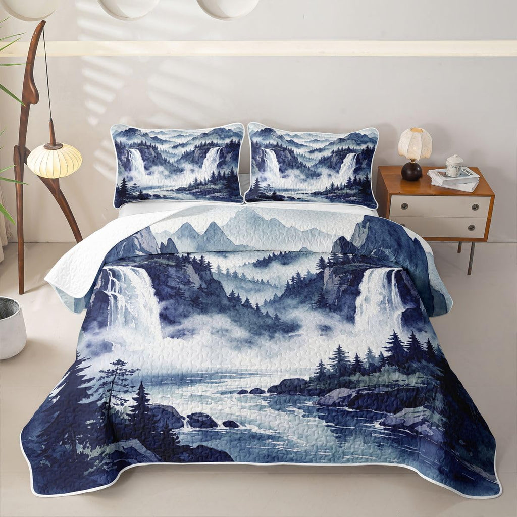 Navy Blue Ink Wash Mountain Waterfall Quilt Quilted Blanket - Rustic Woodland Pine Forest Cabin Lodge