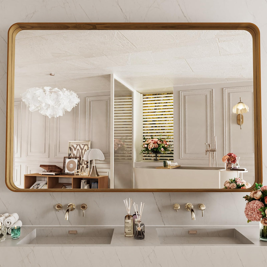 48X30 Inch Bathroom Mirror with Wood Grain Colored Metal Frame