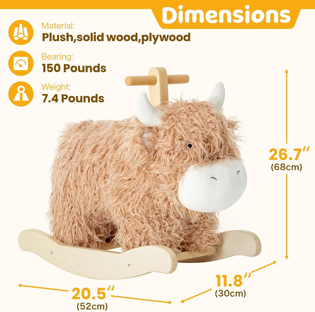 Baby Rocking Horse for 1 Year Old,Wooden Cow Animal Rocker Ride-on Toy Plush Wooden Rocking Toy Playroom Indoor