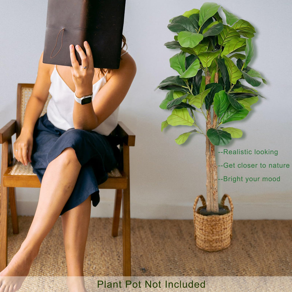 4ft Fiddle Fig Tree Artificial, Faux Fig Tree w/ 75 Leaves & 3 Trunks, Fake Ficus Lyrata Plant Real Touch Technology