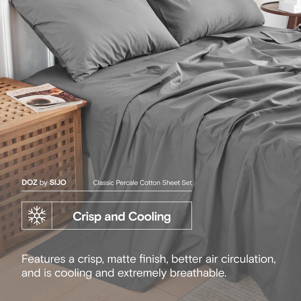 DOZ 100% Long Staple Cotton Sheet Sets, Classic Percale Cotton, Cool Crisp, Breathable, Matte Finish, Hotel Style