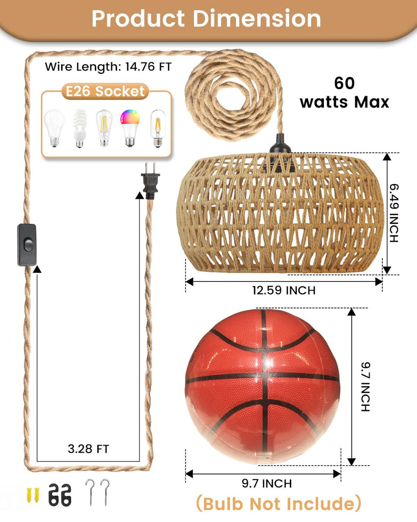Rattan Boho Hanging Light, 12.6'' Natural Hand Woven Fabric Drum Light, Plug Into Wall Outlet Pendant Light Fixture