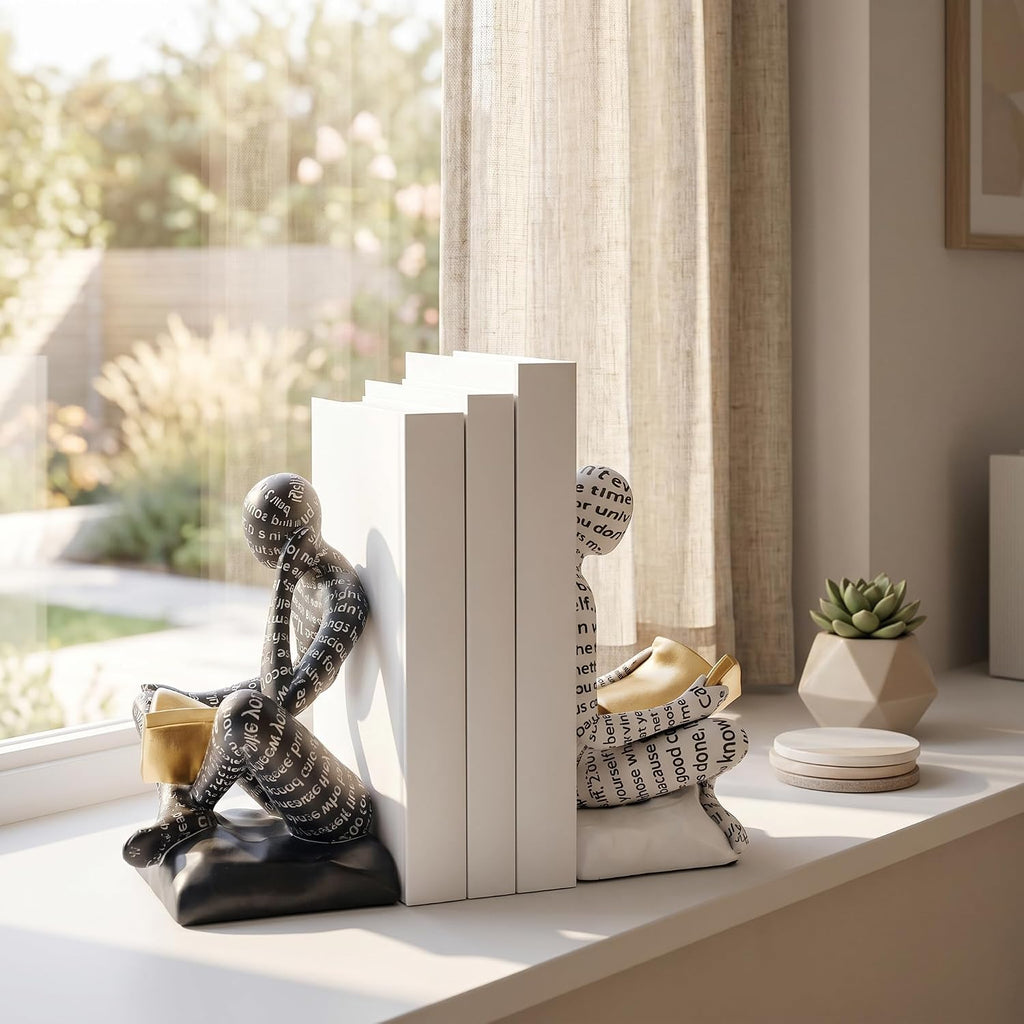 Thinker Bookends for Shelves, Decorative Book Ends, Heavy Duty Book Stoppers Bookshelf Decoration, Modern Aesthetic