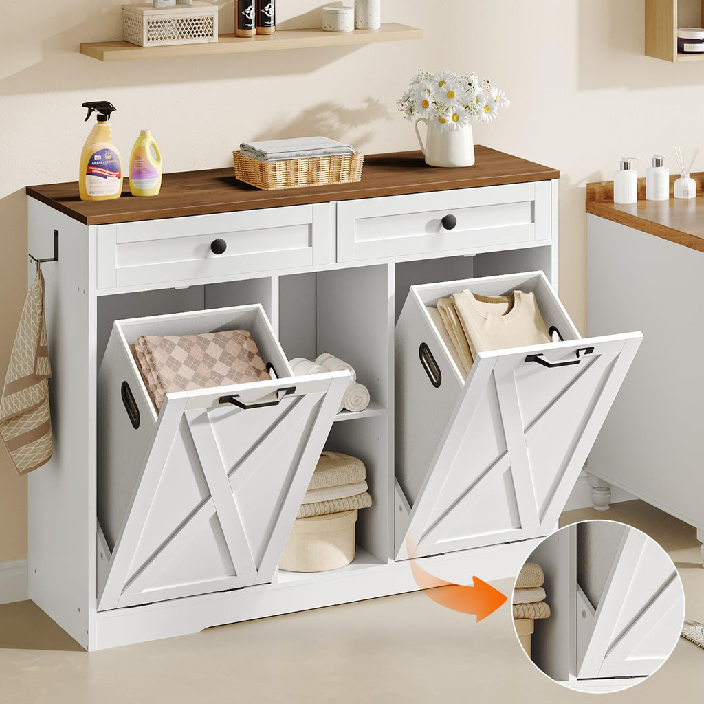 Double Tilt Out Laundry Hamper Cabinet, 23 Gallon Farmhouse Trash Can Cabinet with 2 Drawers and Open Shelving