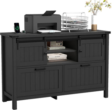 Lateral File Cabinet with Charging Station, Filing Cabinets | Farmhouse 2 Drawer Office Credenza with Outlets for