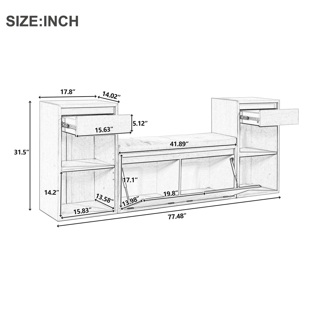 All-in-One Entryway Storage Bench with Cushion, Compartments, Drawers and Open Shelves, Farmhouse Storage Bench