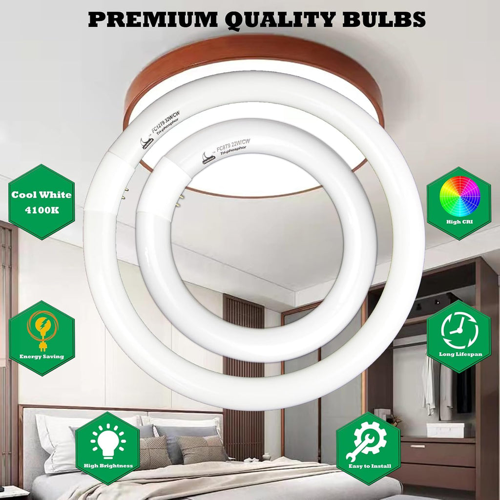 22W and FC12T9/CW 32W Cool White Round Fluorescent Light Bulb Set, 8 inch T9 22 Watts & 12 inch 32 Watts