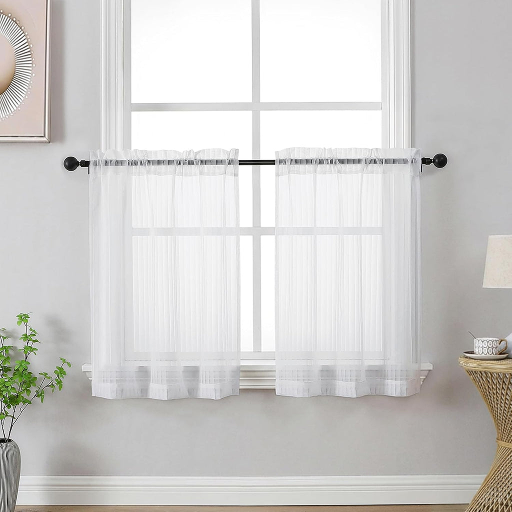White Striped Kitchen Curtains - Short Semi Sheer Cafe Curtains Tier 36 Inch Length 2 Panels Set, Light Filtering