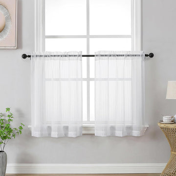 White Striped Kitchen Curtains - Short Semi Sheer Cafe Curtains Tier 2 Panels Set, Light Filtering