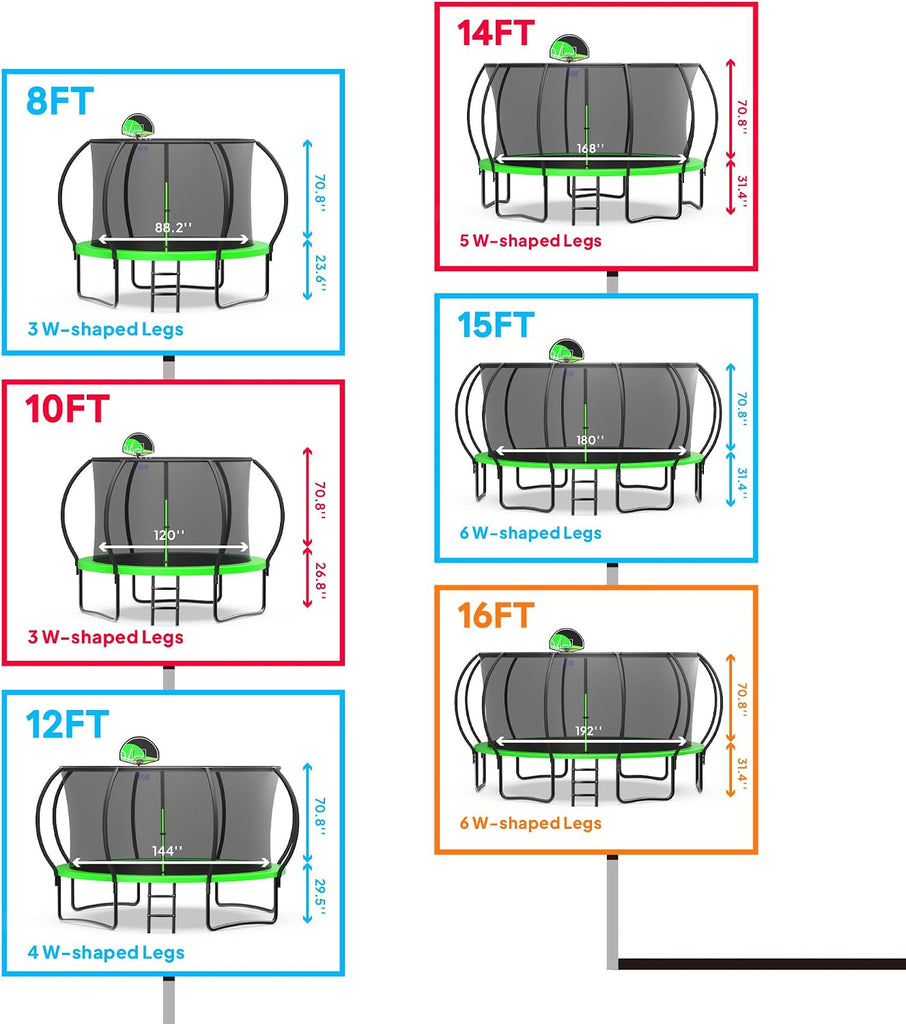 Trampoline 8 10 12 14 15 16FT, 1500LBS Weight Capacity Backyard Trampoline Outdoor with Basketball Hoop, Enclosure