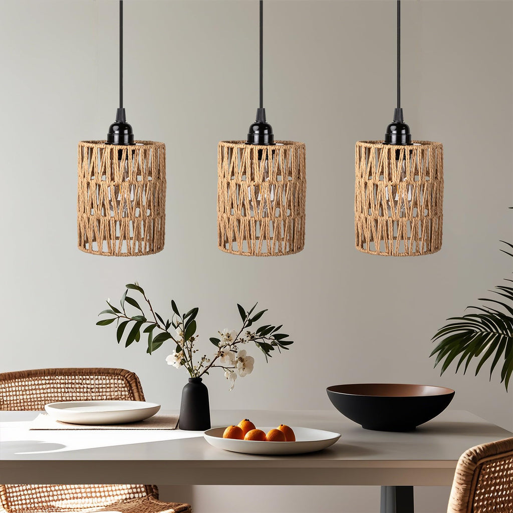 Battery Operated Chandelier, Battery Hanging Pendant Light, Rattan Lights with Warm White Bulb, 4*AA Battery Powered