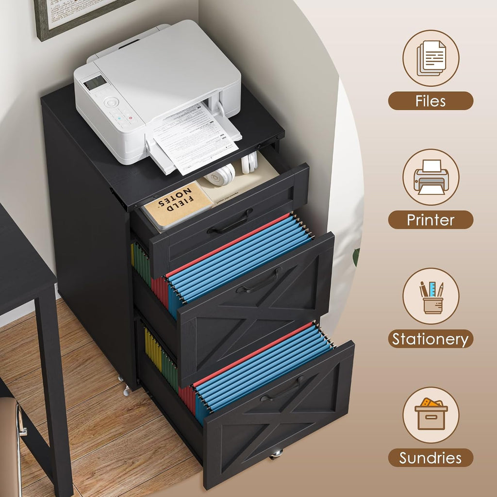 3 Drawers Farmhouse File Cabinet with Wheels , Rustic Black | Vertical Filing Cabinet Fits Letter/A4 Size, Rolling