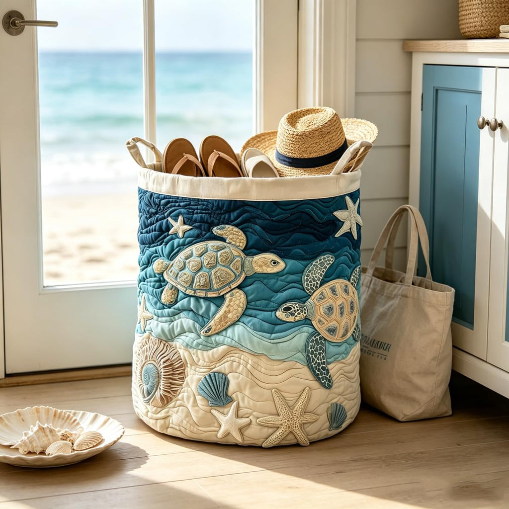 Sea Turtle Quilted Laundry Hamper Ocean Wave Starfish Boho Quilted Baskets