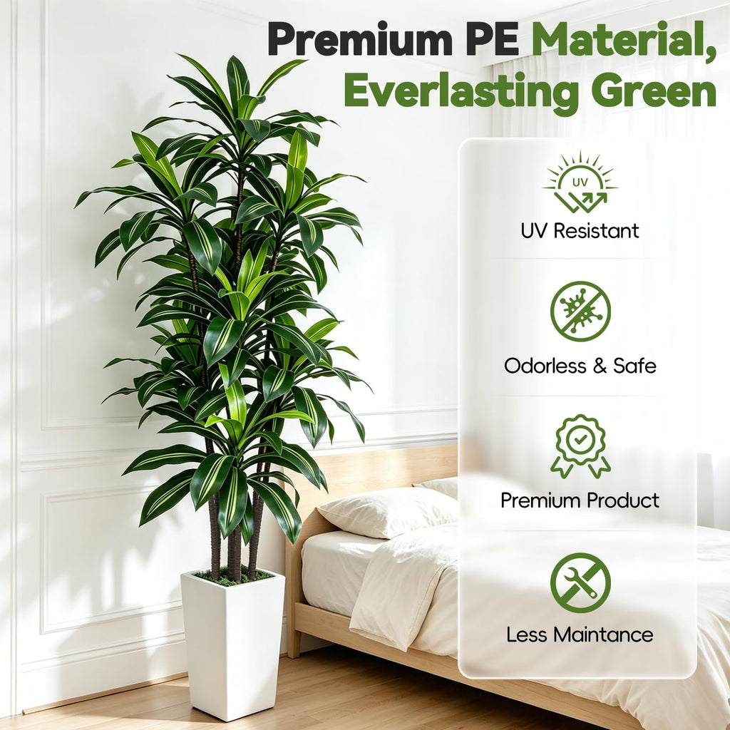 7FT Artificial Dracaena Tree with Tall White Planter - Large Fake Tree with Lifelike Leaves - Tall Faux Floor Plants