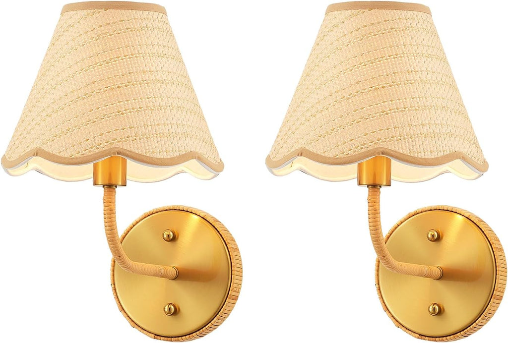 Elycucpa Boho Hand Woven Rattan Wall Sconces Set of Two Rustic Industrial Wall Lamp Brass Farmhouse Wall Lights for
