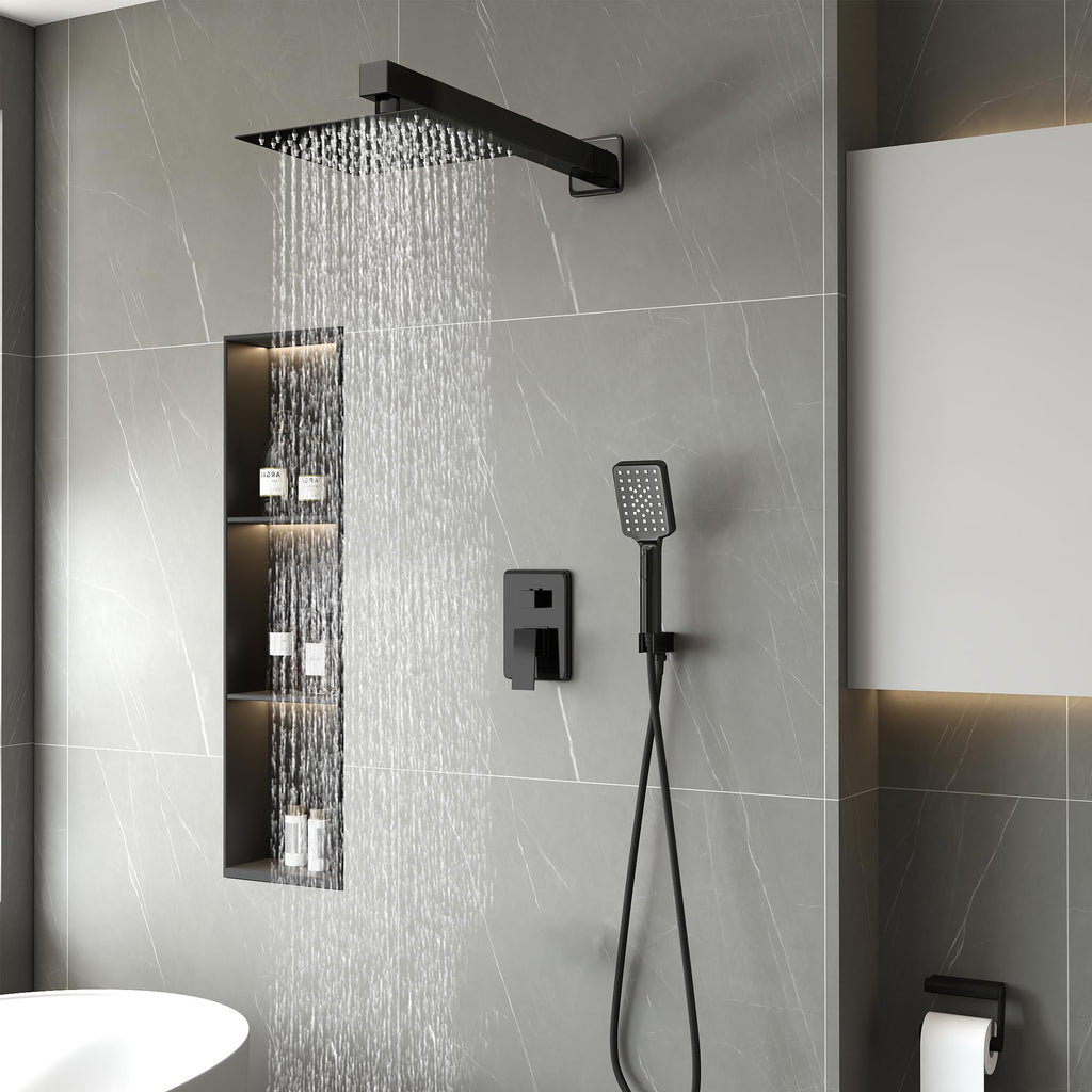 Shower Head Matte Black, Shower Faucet Set Bathroom Shower System with 8 inch Square Rain Shower Head Wall Mounted