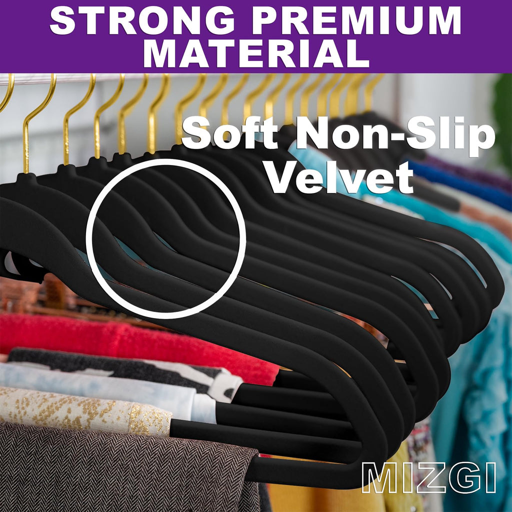 Black Velvet Hangers, Premium Gold Finish, Non-Slip Felt, Heavy Duty, Durable Suit Hangers, Space Saving - 60 Pack