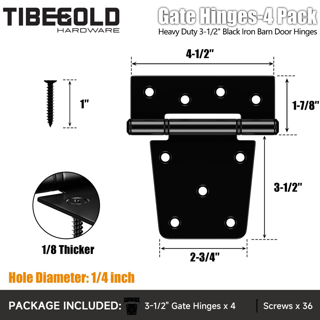 3-1/2 Inch Heavy Duty Gate Hinges, Black Iron Barn Door Hinges, Gate Strap Hinge with Extra-Long Screws, T Hinges for