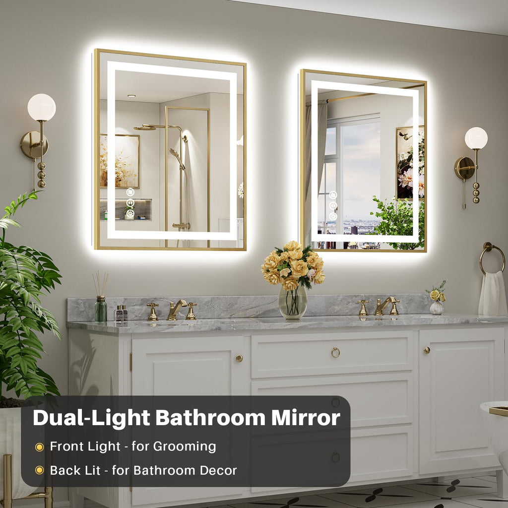 36x30 Inch LED Bathroom Mirror with Gold Frame, Backlit & Front Lit