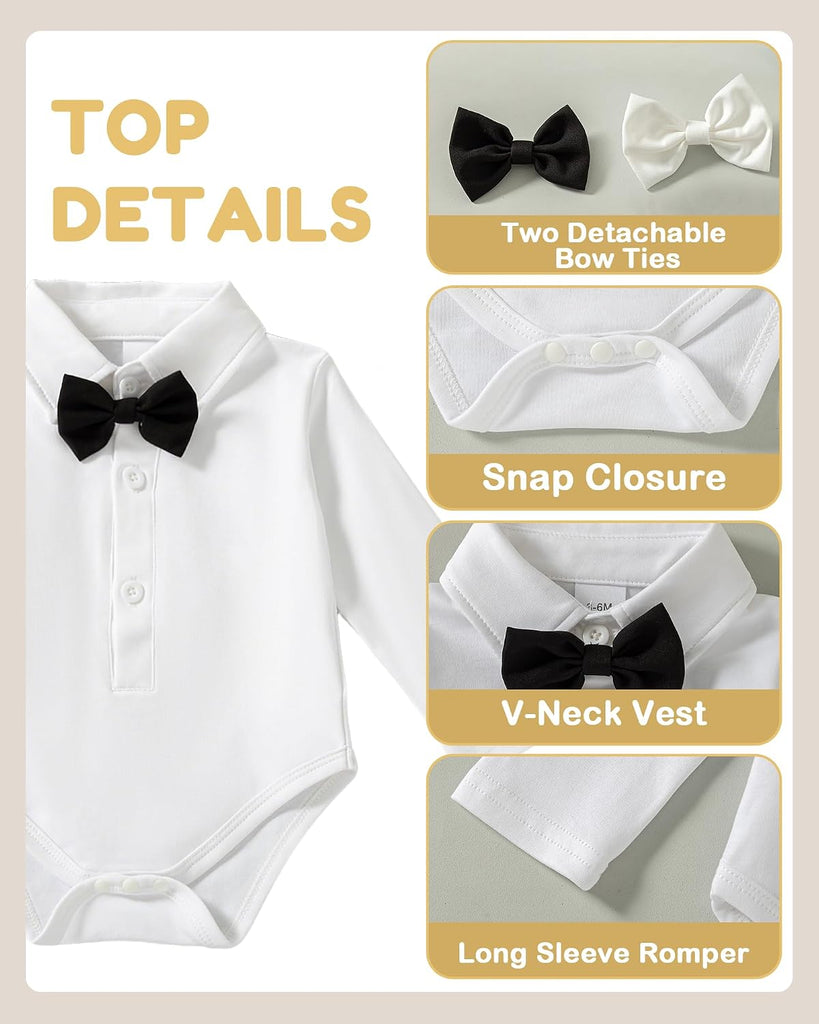 Baby Boy Clothes Suit Tuxedo Baptism Outfit Christening Top+Suspenders Pants+Vest+Bow Tie 5PCS