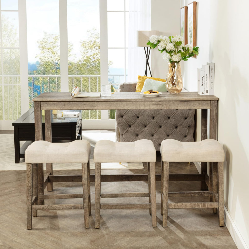 4 Piece Bar Table Set with Power Outlet, Behind Sofa Couch Table with 3 Linen Fabric Padded Saddle Seat Stools