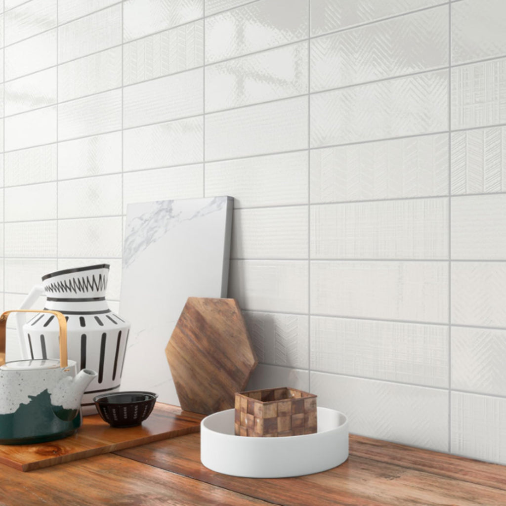 White 3D Mix Glossy Ceramic 4x12 Subway Wall Tile, 1 Piece