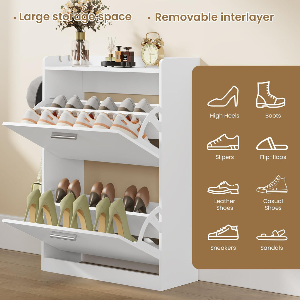 Shoe Storage Cabinet with 2 Flip Drawers, 23.6" W White