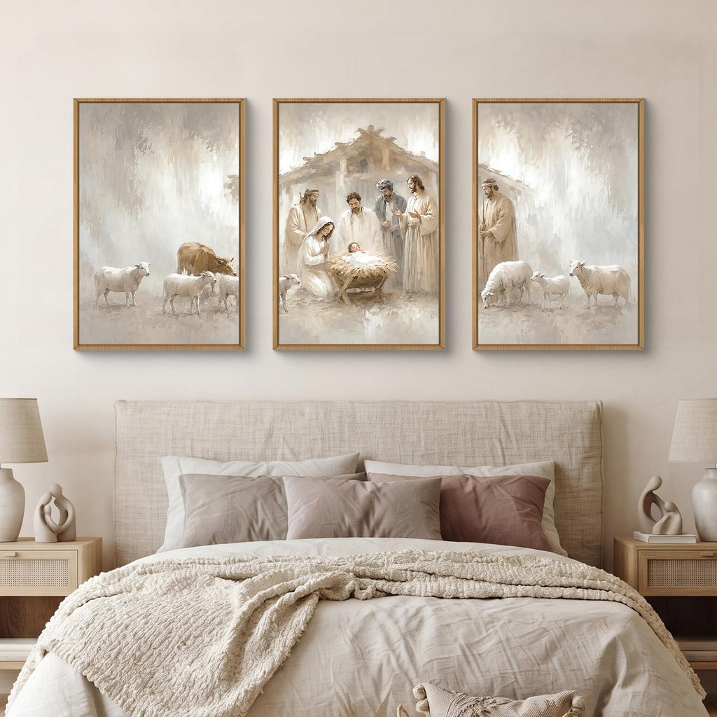 Jesus Nativity Christian Scene Framed Canvas Wall Art Set, Vintage Christmas Birth of Jesus Christ Wall
