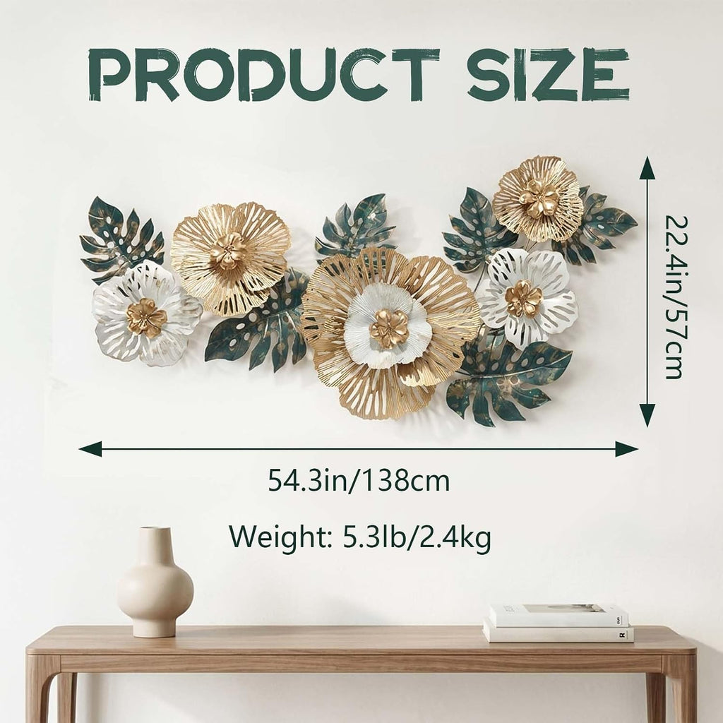 54" Large Metal Wall Art, 3D Floral Wall Decoration for Livingroom