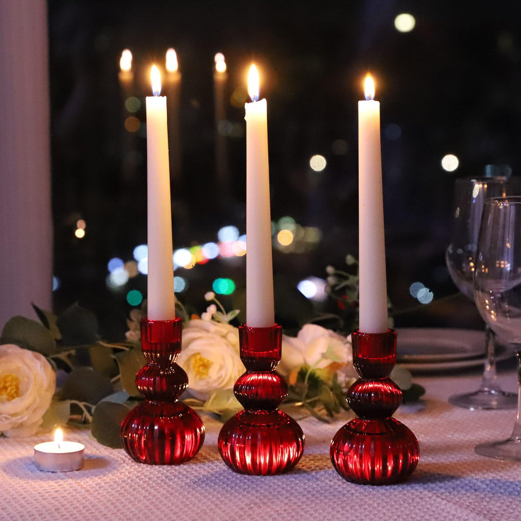 3pcs Red Taper Candle Holders Glass, Candlestick Holders for Christmas