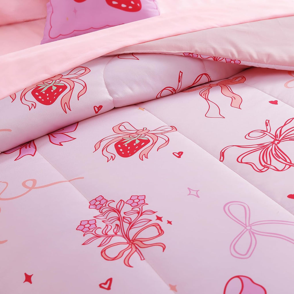 Full Comforter Set for Girls - 4 Pieces Pink Bow Full Bedding Sets for Kids, 1 Comforter, 2 Shams and 1 Decor Pillow