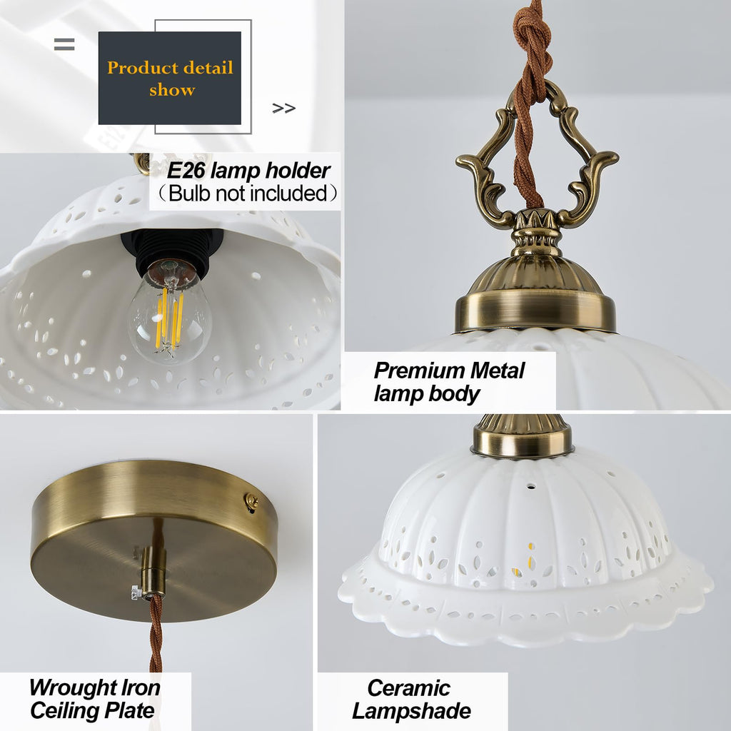 Ceramic Pendant Light 1-Light Adjustable Cord Industrial Ceiling Hanging Light Brass Vintage Chandelier Island Bar
